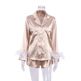 Satin Women Pajamas 2 Piece Set Sleepwear with Feather Cuff Soft Elgant Pajamas Women Nightgown Luxury Ladies'