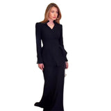 Fongt New Women's Single Row Buckle Long-Sleeved Temperament Elegant Black Two-Piece Set