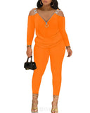 Autumn And Winter Women's Wear New Shoulder Spliced Long-Sleeved Printed Trousers Two Sets-Outfit