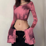 Summer New 2024 Mesh Printing Round Collar Horn Long Sleeve Perspective Exposed Umbilical Casual Women's