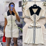 Fongt Retro Trendy Polo Collar Short-Sleeved Dress Women's Summer Metal Buckle Waist Thin Knitted Skirt