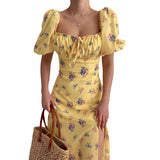 Fongt Women's Clothing 2026 Summer Bubble Sleeves Slim Sexy Thin Side Open-Print Dress Women