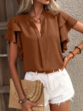 Fongt Women's Summer New V-Neck Casual Double-Layer Lotus Leaf Sleeve Solid Shirt Top