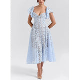 Fongt Women's New Deep V Lace Hollow Dress
