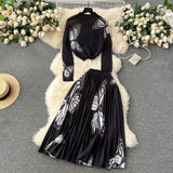 New Advanced Casual Women's Elastic Long Sleeve Pleated Top+High Waist Pleated Half Skirt Printed Skirt 2-piece Set-Outfit