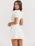 Fongt New Women's White French Sexy Short Dress V Neck Bubble Sleeve Summer Dress