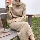 New 2022 Autumn Winter Women Dresses Turtleneck Oversize Drawstring Knitted Elegant Wild Ladies Long Dresses
