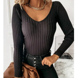 Women Long Sleeve V-neck Solid Autumn T-shirt 2021 Spring Fashion Casual Street Outfits Pulloveralls