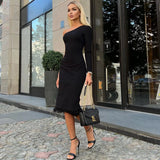 Fongt Women's Wear 2023 Fashion Sexy Inclined Shoulder Show Thin Bag Hip Split Dress Wool Patchwork Hem Dress-Outfit