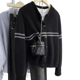 Fongt Striped Wool Knitted Cardigan Women's Autumn Coat 2025 New Spliced Sweater Jacket Bottom Shirt Tide
