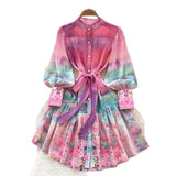 Fongt Spring Dress Women's New Dress Elegant Collar Lantern Sleeves To Close The Waist Print Lotus Leaf Side Skirt