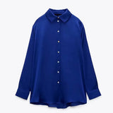 Fongt New Women's Autumn Printing Multi-Color Silk Sipping Long-Sleeved Collar Loose Shirt Top