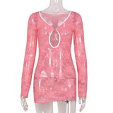 Mesh Lace Embroidery See Through Mini Dress Sexy Low Cut Hollow Out Long Sleeve Dresses 2021 Korean Fashion Cute