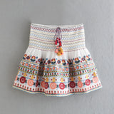 Fongt Women's Summer New Retro V-Neck National Style Embroidered Top + High-Waisted Cascade Skirt Set
