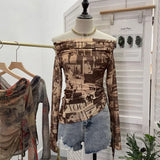 Fongt Graffiti-Printed Shoulder-Threin Mesh Long-Sleeved Blouse Side Drawstring Tethered With Slime T-Shirt 8959