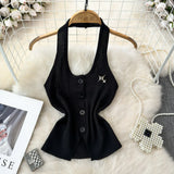 Fongt Design Feeling Hanging Neck Dew Single Buckle Slim Thin Knit Vest Women Wear Gas Bottom Shirt