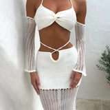 Fongt 2025 New Wapped Chest Sleeve Blouse Knitted Women's Two-Piece Set