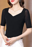 Half Sleeve T Shirt Women Spring Summer Black Tee Shirts V Neck Tops Femme Stretchy T-Shirts-Outfit