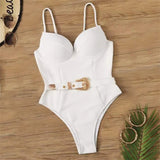 Push Up Underwire Swimwear Women Solid White Black Padded Buckle One Piece Swimsuit Beach Bathing Suit Bodysuit