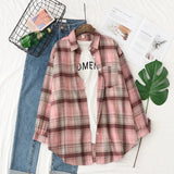 New Women Vintage Oversize Flannel Plaid Shirt With Pockets Full Sleeve Turn Down Collar Blouse Casual Basic Tops