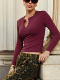 Buttoned Long Sleeve Solid Top-Outfit