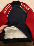 Women's Clothing Mid Height Collar Sweatshirt Pullover Patchwork Contrast Color Aesthetic Harajuku Casual Loose Long Sleeve