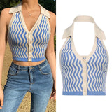 Streetwear Fashion Striped Halter Knitted Vest For Women Sexy Backless Slim Outfits Female Tank Tops 2020 Autumn