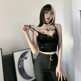 Dark Vintage Gothic Velvet Black Women Camis Grunge Punk Sexy Lace Trim Bodycon Crop Tops Elegant Backless Emo