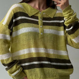 Fongt Striped Knitted POLO Shirt Collar Collar Sweater Loose Leisure Lazy Style New Women's Style
