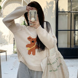 Fongt Shot 2024 Winter New Sweet Age Reduction Leisure Cartoon Embroidery Round Collar Inserted Shoulder Sleeve Sleeve Sweater Women-Outfit