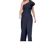 Fongt Summer New Fashion Inclined Shoulder Collar Waist Solid Color Wide Leg Jumpsuit Woman-Outfit