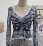 Fongt Shot Micro-Permeable Mesh Butterfly Print Splicing Lace Hanging Neck Horn Long-Sleeved T-Shirt Repair Short Top 1286