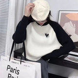 Fongt Sleeve Love Bottom Sweater Female Autumn Winter 2024 New Small Lazy Wind Loose Spell Color Knit Top-Outfit