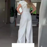 Fongt Summer New Fashion Inclined Shoulder Collar Waist Solid Color Wide Leg Jumpsuit Woman-Outfit