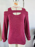2023 New U Collar Off-Shoulder Splice Long Sleeve Loose T-Shirt Top Women-Outfit