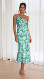 Fongt Summer New Stylish Temperament Diagonal Collar Sling Fishtail Print Dress 23074-Outfit
