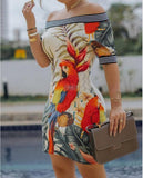 Shoulder Digital Printing Slim Sexy Pencil Skirt-Outfit