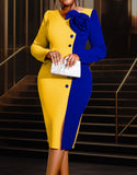 Fongt Collidered Rose Dress Party Banquet V-Neck Long Sleeve Mid-Sleeves Evening Dresses