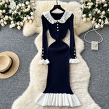 Fongt New Retro Bumpy Dolls To Receive Waist Knitted Dress Female Elastic Temperament Lotus Leafy Dress