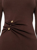 Fongt Brown Metallic Button Decoration Knitted Dress High-Necked Long Sleeves Elegant Temperament