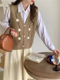 Hsa 2022 Women Sweater Vest Cardigans V neck Floral Embroidery Knitted Winter Tops Korean Fashion cardigan mujer