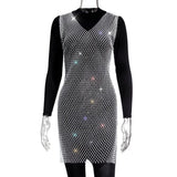 Fongt Summer New Sexy V-Neck Short Hollow Mesh Dress