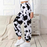 Fongt Ms. Autumn And Winter Fashion Explosion Cow Print Pattern Lady Loose Fashion Trousers Plush