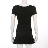 Solid Ribbed Square Collar Dress Casual Black Short Sleeve Ruffles Patchwork Mini Dresses for Women Korean Fashion Style-Outfit