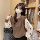 Fongt Spring Splicing Bubble Sleeve Knitted Sweater Women's Season Design Sense Niche Lotus Side Long Sleeve