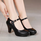 Genuine Leather shoes Women Round Toe Pumps Sapato feminino High Heels Fashion Black Work Shoe Plus Size