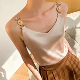 Top V-neck Solid Fashion Sleeveless Top Women Temperament Elegant Office Lady Backless Top Silk Spaghetti Camis Summer