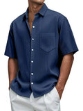Fongt New Men's Solid Color Loose Comfortable Buffly Striped Short-Sleeved Button Lining