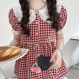 Aesthetic Lace Collar Checkered Puff Sleeve Blouse-Outfit