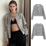 Fongt Women's Clothing Explosion ZA Autumn And Winter New Round Neck Solid Color Sequins With Coarse Flowers And Sequin Suits
